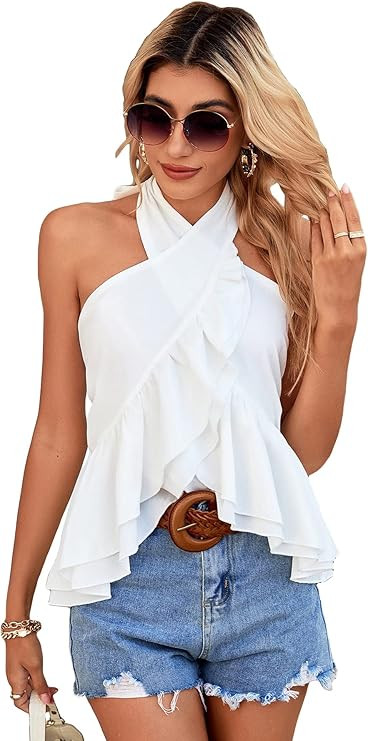 SheIn Women's Ruffle Hem Tie Neck Shirred Back Halter Top Backless Sleeveless Asymmetrical Camiso... | Amazon (US)