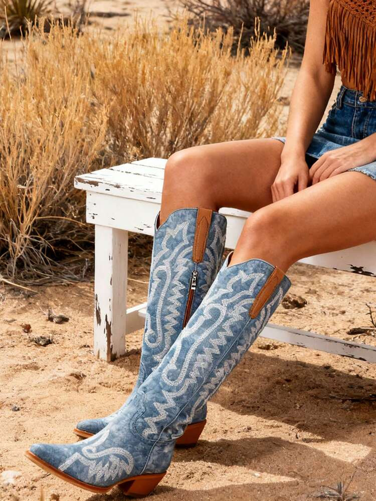 Denim Embroidery Cowgirl Tall Boots Retro Chunky Heel Snip Toe Knee High Women Western Boots Vintage Fashion Wide Calf Rididng Boots | SHEIN