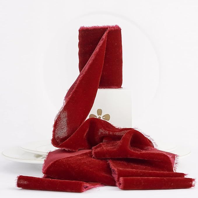 MEEDEE Velvet Ribbon Red 3 Inch Red Wide Ribbon Frayed Velvet Ribbon Raw Edge Silk Red Velvet Wre... | Amazon (US)