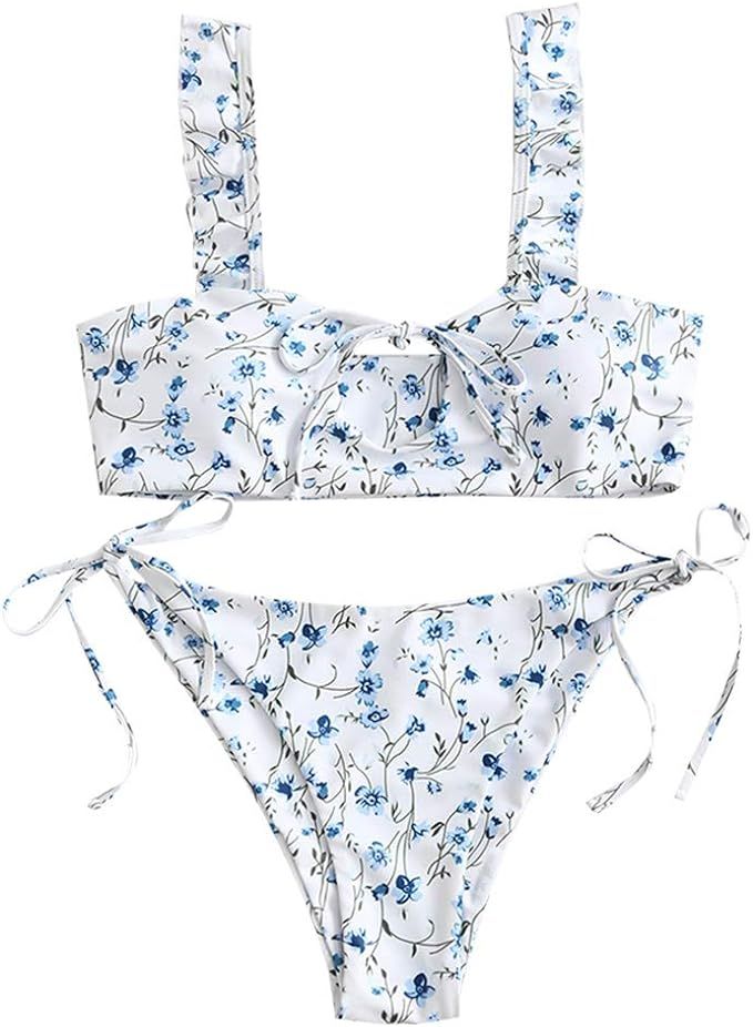 ZAFUL Women's Tie Side Cutout Frilled Ditsy Print Bikini Set Swimsuit | Amazon (US)