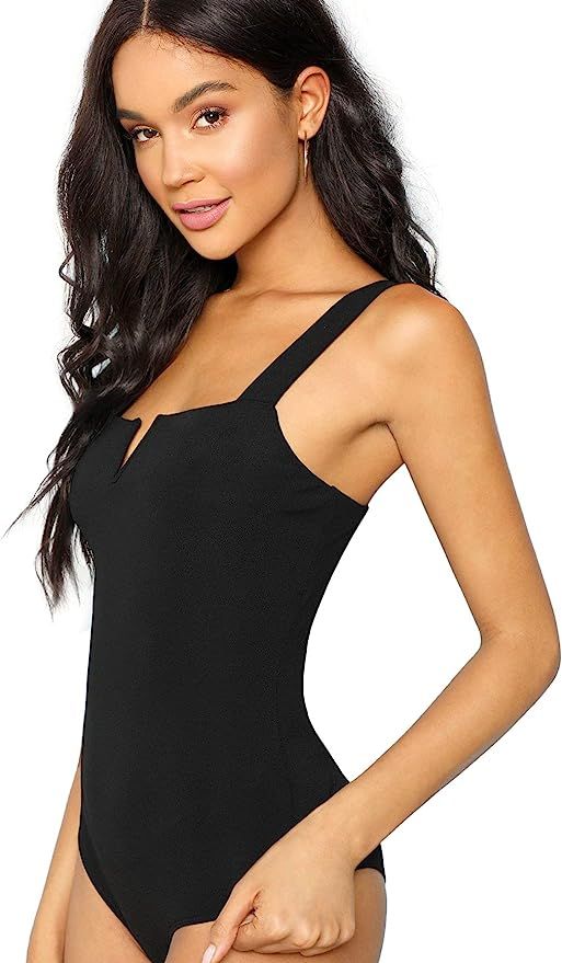 DIDK Women's Plain Sleeveless Straps V Cut Front Form Fitting Bodysuit | Amazon (US)