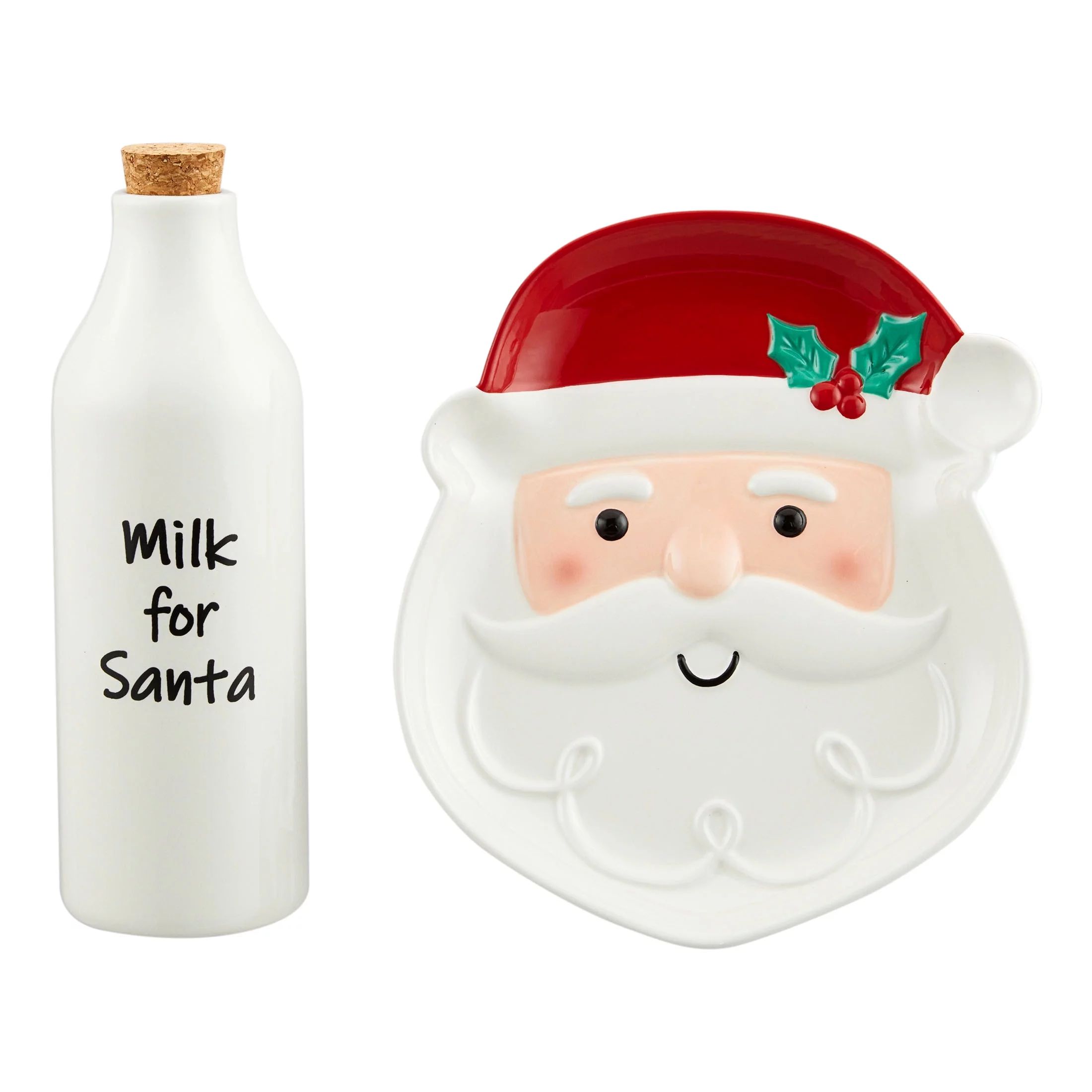 Holiday Time Multicolor Santa-Shaped Glazed Earthenware Cookie Plate with Corked Milk Bottle, Cau... | Walmart (US)