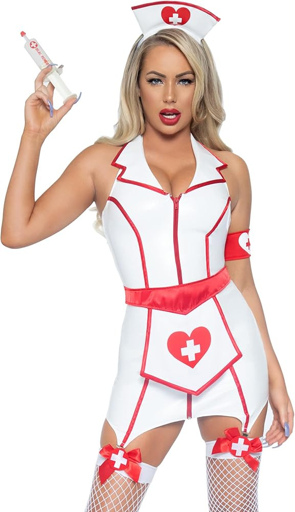 Leg Avenue Women's 4 Pc ER Hottie Nurse Costume with Zip Up Vinyl Garter Dress, Heart Apron, Arm ... | Amazon (US)