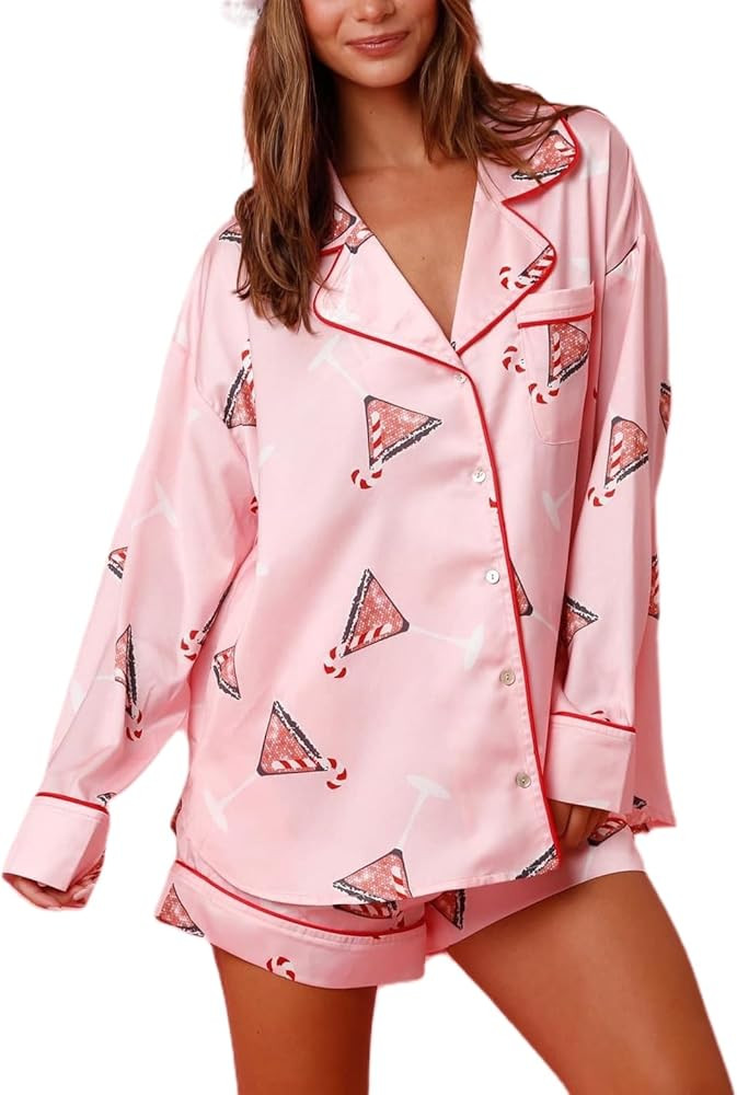 Women Christmas Pajamas Shorts Set Santa Claus Pjs Long Sleeve Button Down Shirt+Pants 2 Piece Xm... | Amazon (US)