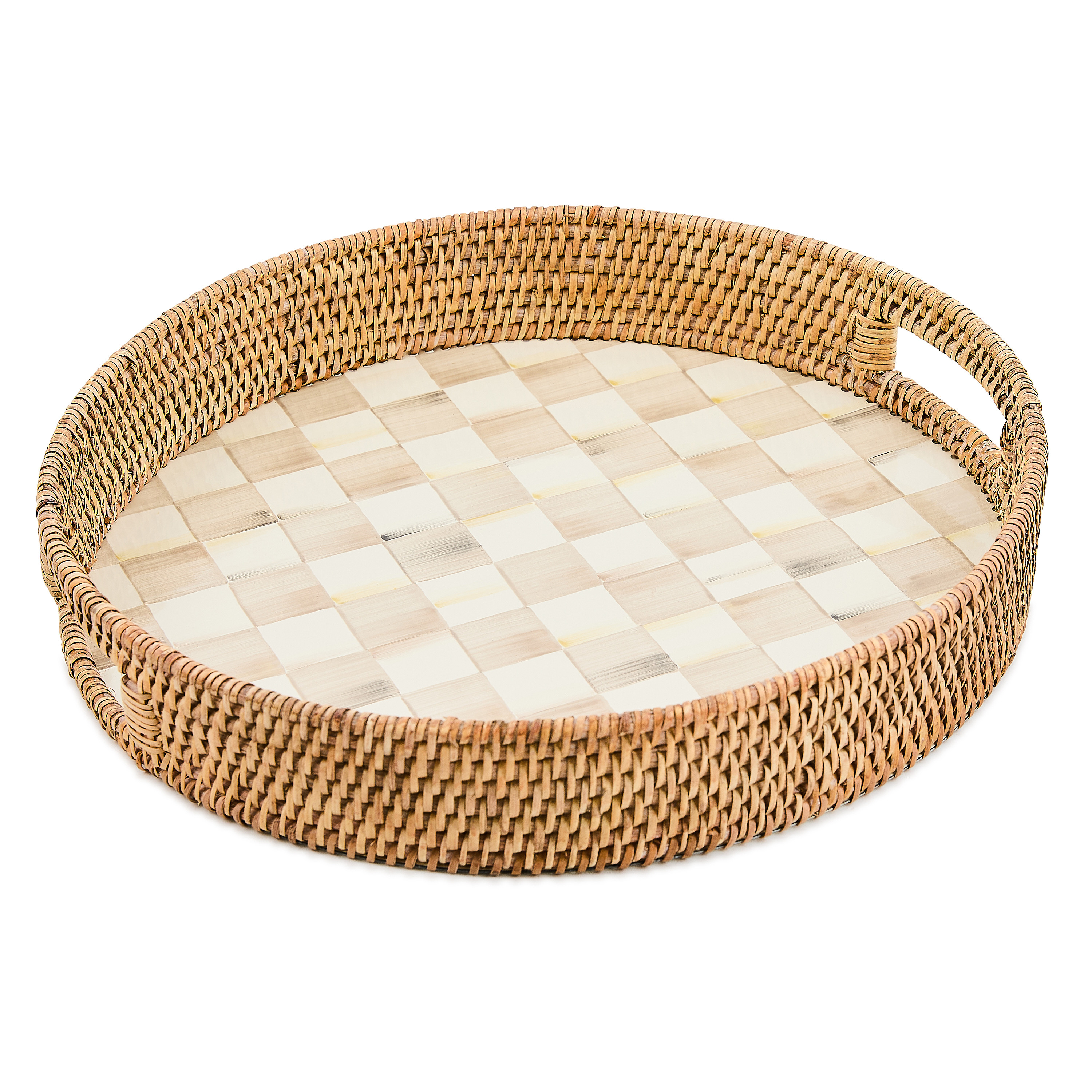 MacKenzie-Childs Mocha Check Enamel & Rattan Round Serving Tray | MacKenzie-Childs