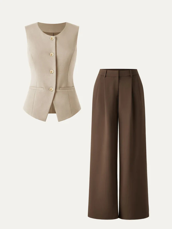 2Pcs Set Waistcoat with Pockets & Wide Leg Pant with Pockets | OGLmove