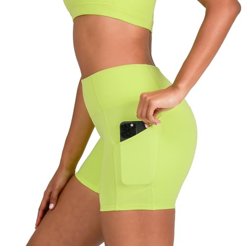 YITTY Active Women's UltraLuxe High Waist Pocket Biker Shorts – 3"/6" Tummy Control, Compression, Breathable & Activewear, Neon Spark, XS, 6" | Amazon (US)