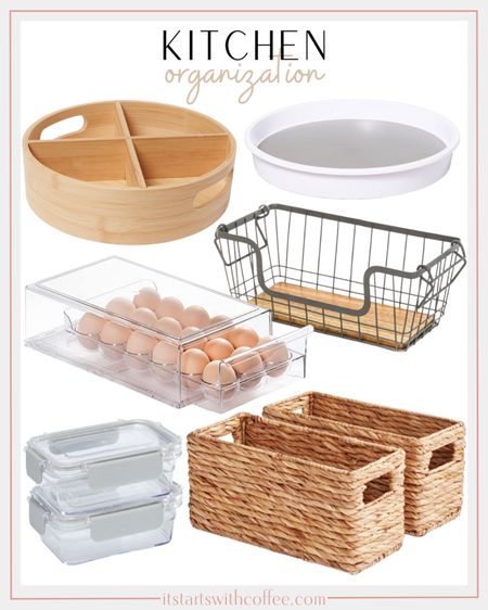 Kitchen organization includes bamboo lazy Susan, white lazy Susan, wire basket, egg storage container, woven baskets, food storage containers.

Home organization, kitchen organization, kitchen storage, storage solutions 

#LTKhome #LTKunder50 #LTKstyletip