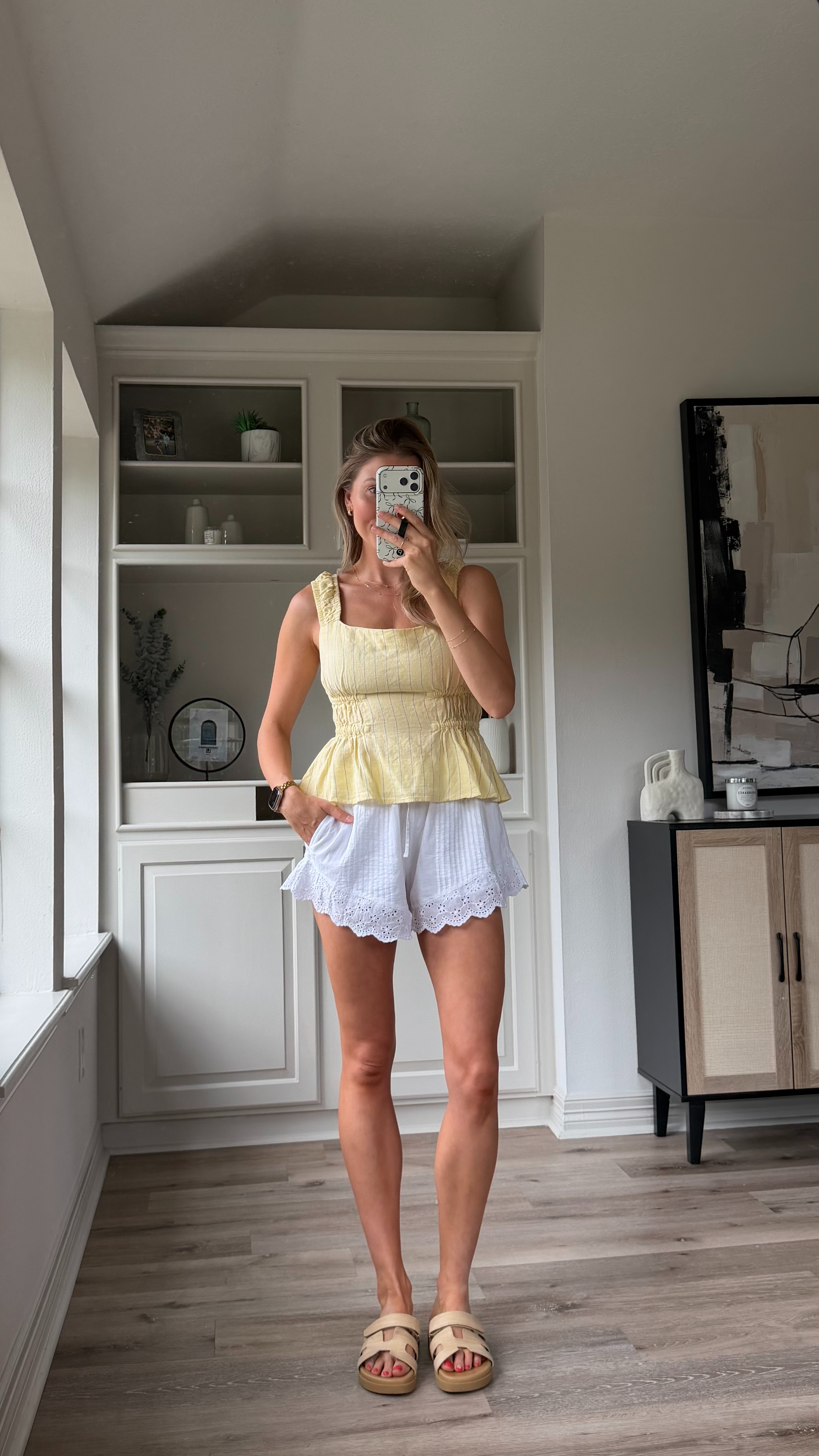 Cute casual summer mom ootd | S yellow tank, 2 denim shorts 

 