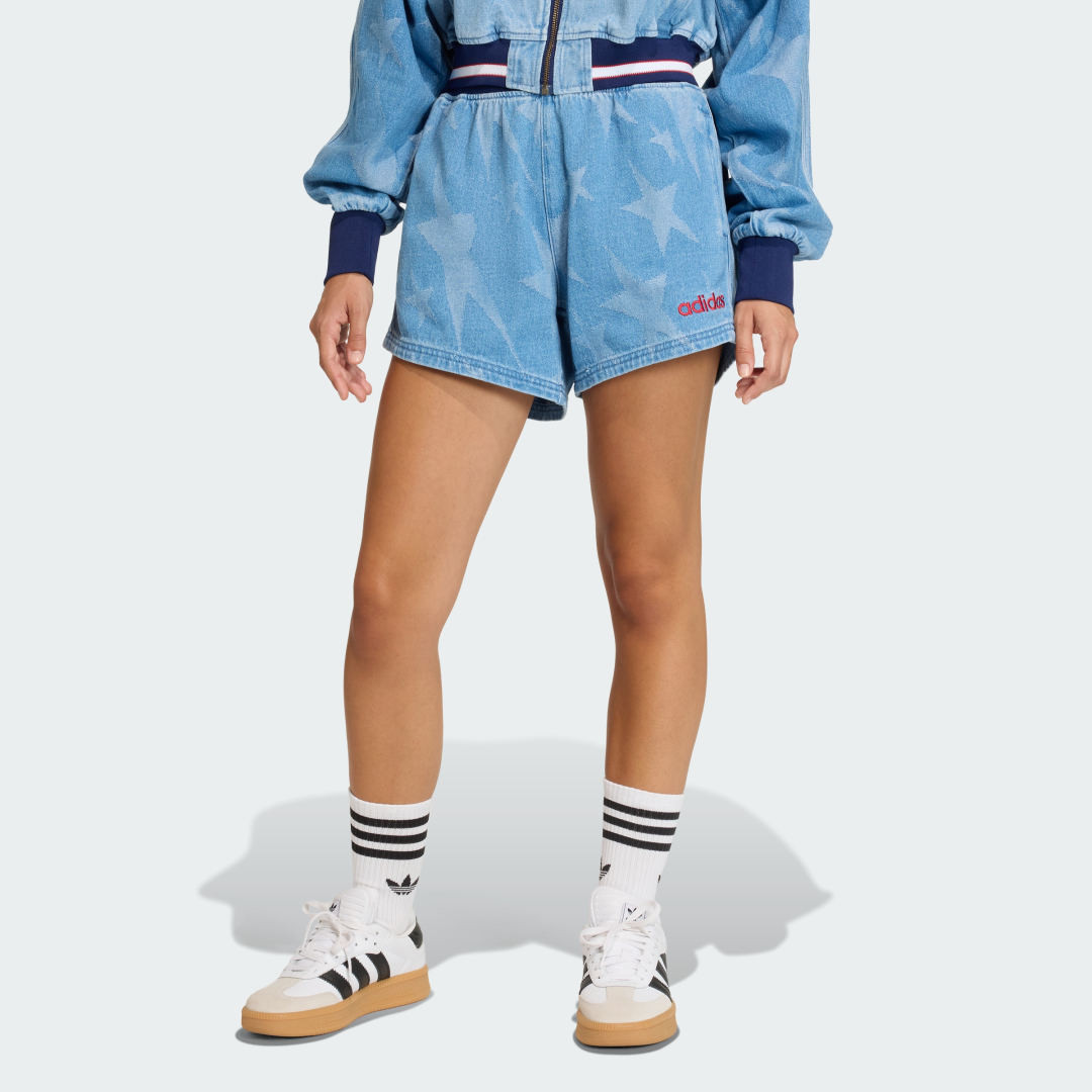 adidas Denim Graphic Varsity Shorts Medium Blue Denim XS - Womens Originals Shorts | adidas (US)