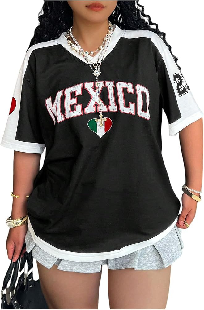 WDIRARA Women's Plus Size Jersey Shirt Letter Number Graphic Short Sleeve Tee Color Block Oversiz... | Amazon (US)