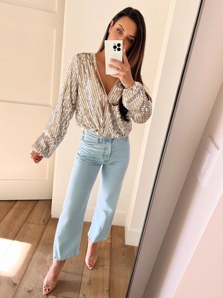 Holiday casual! This sequin bodysuit is too cute and perfect for the holiday circuit!) high waist denim is budget friendly too! Wearing a 25 in jeans and small in the top! 

#LTKunder100 #LTKstyletip #LTKSeasonal