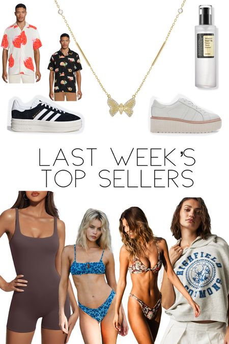 Last Week’s Top Sellers - Mid July 2023 

1. Electric Picks Fly Away Necklace - Code: WildOne20 
2. Snail Mucin - Skincare 
3. Dolce Vita Tiger Sneakers 
4. Adidas Gazelle Bold Sneakers 
5. Amazon Shorts Romper 
6. Free People Archie Pullover 
7. Men’s Strawberry Shirt 
8. Men’s Cactus Shirt 
9. Skatie Byron Print Bikini - Kate Top & Suzanne Bottoms 
10. Skatie Nanuku Print Bikini - Demi Top & Cheryl Bottoms 



#LTKbeauty #LTKshoecrush #LTKswim