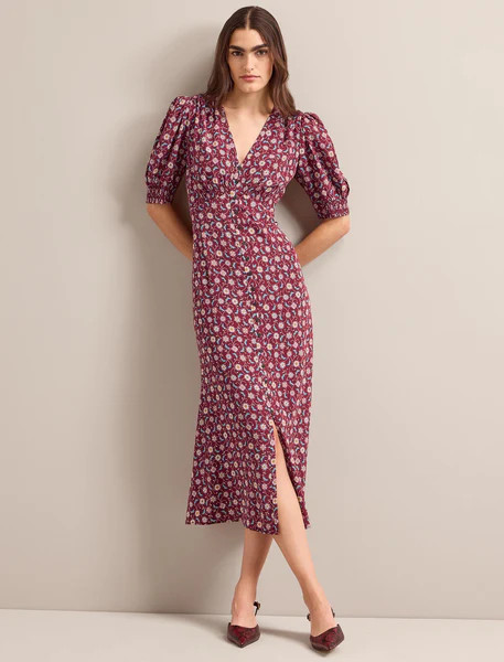 Julietta Silk Maxi Dress - Burgundy Trellis Print | Cefinn