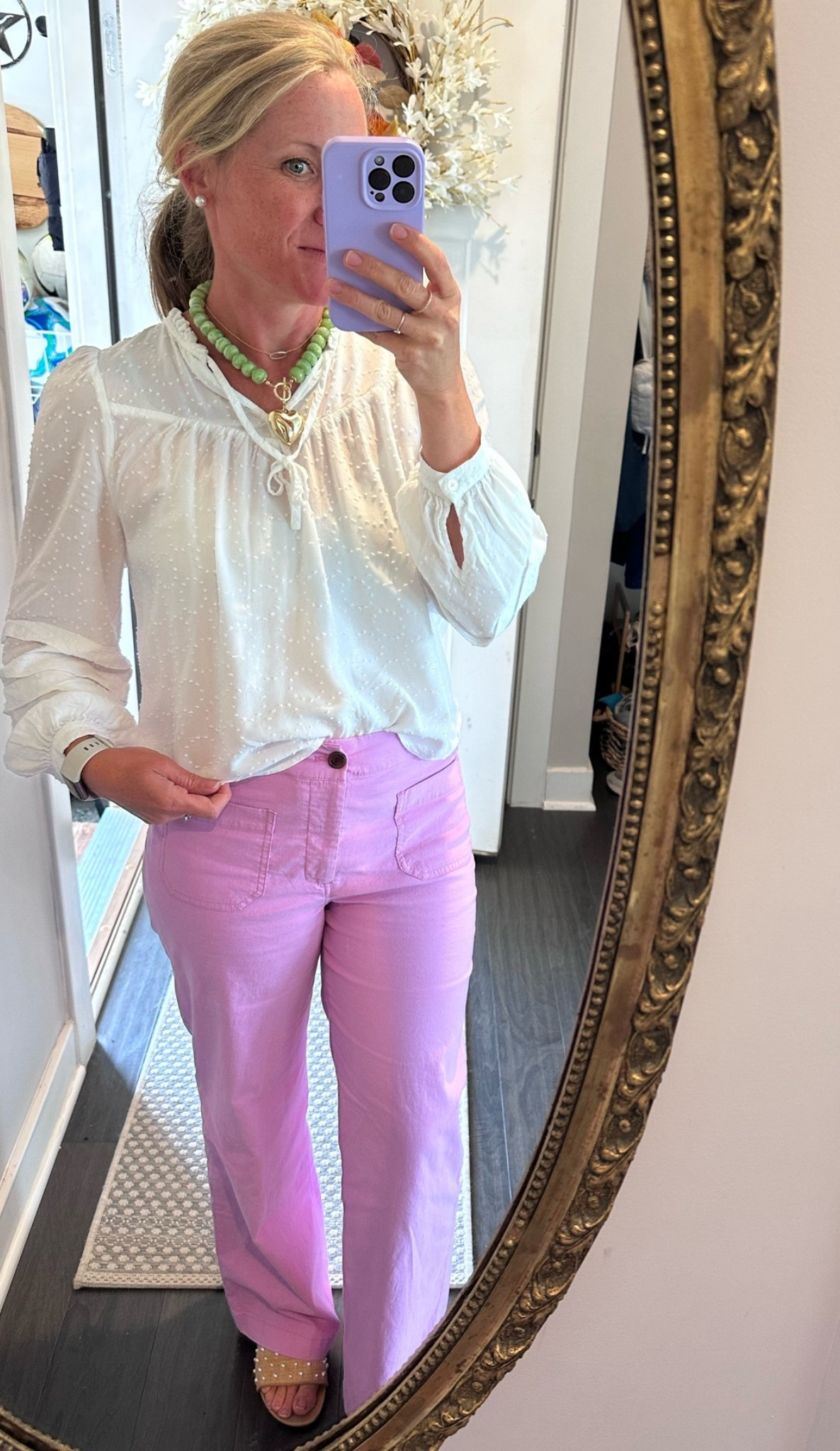 Old Loft top, new wide leg pants and pearl slides. Petite in the pants and they hit right above the floor(I’m 5’2”). This necklace makes the whole outfit!

#LTKootd #LTKOver40 #LTKPetite