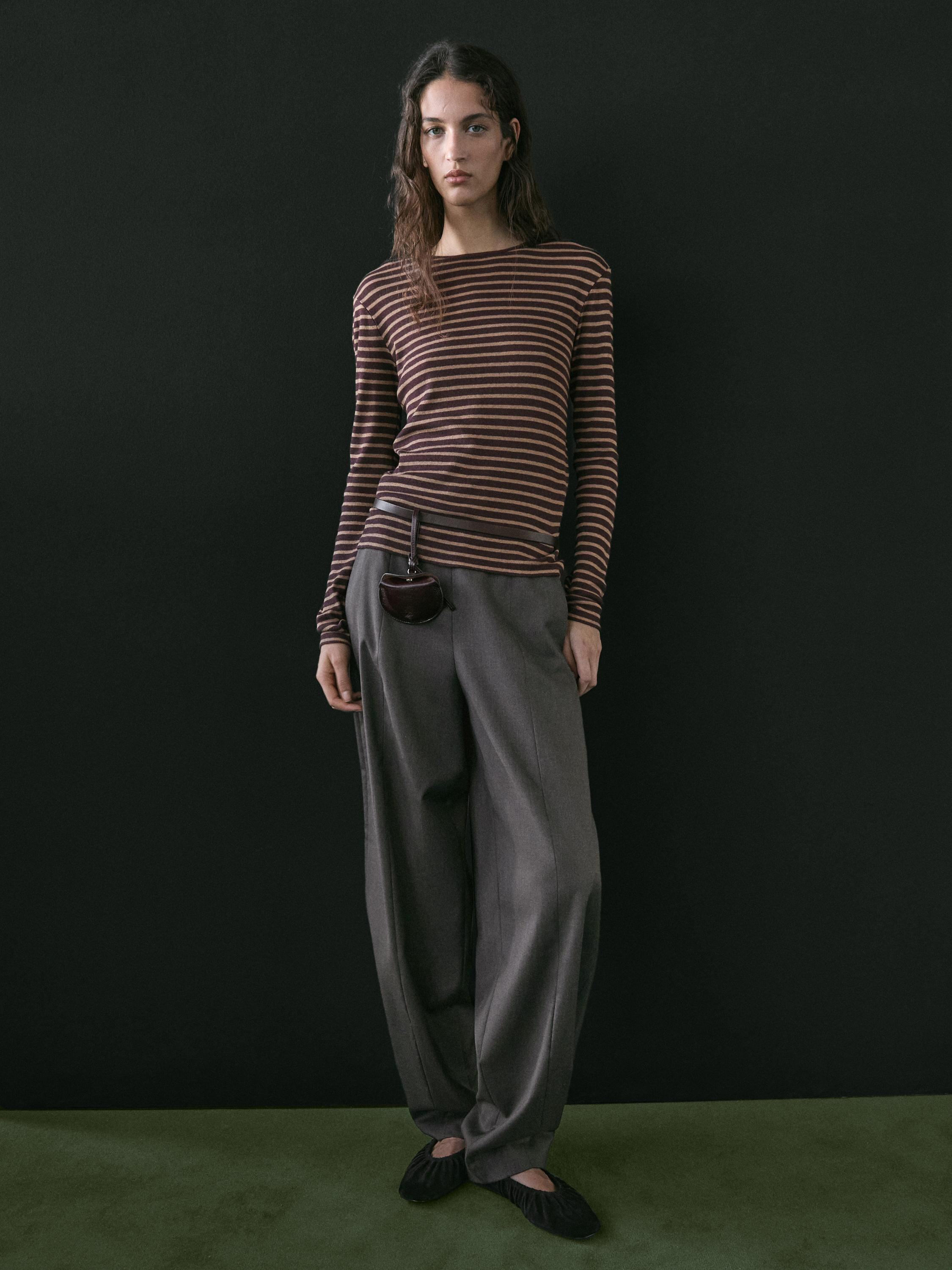 Cotton blend striped long sleeve T-shirt | Massimo Dutti UK