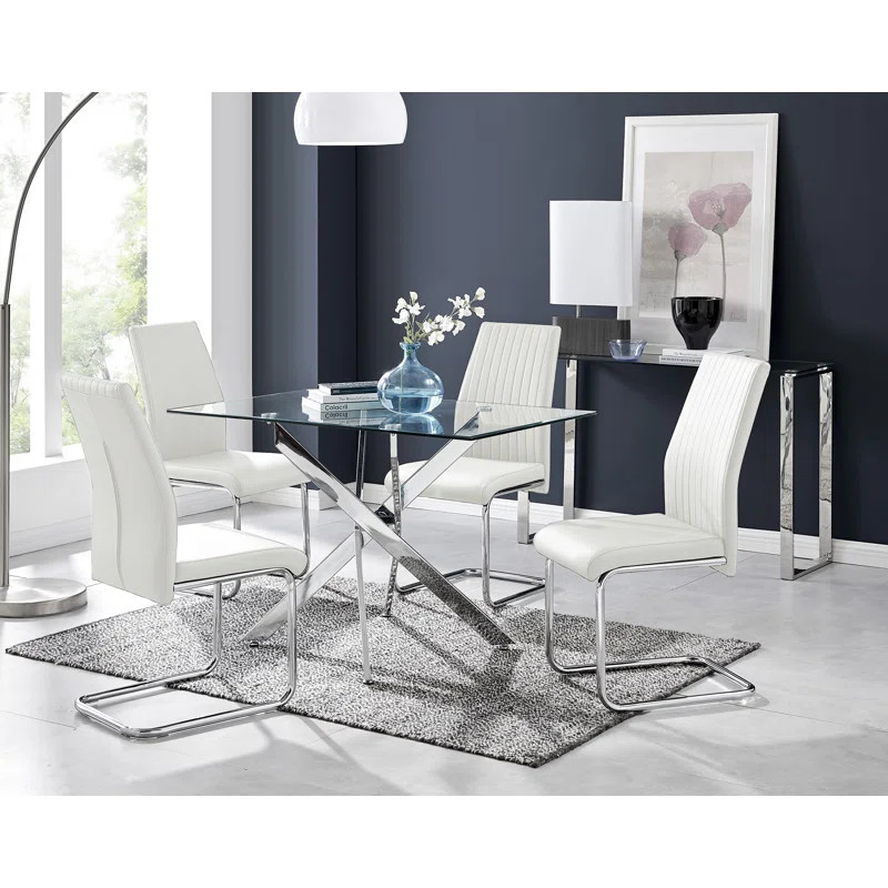 Lenworth Modern Metal and Glass Dining Table Set with 4 Luxury Faux Leather Dining Chairs | Wayfair North America