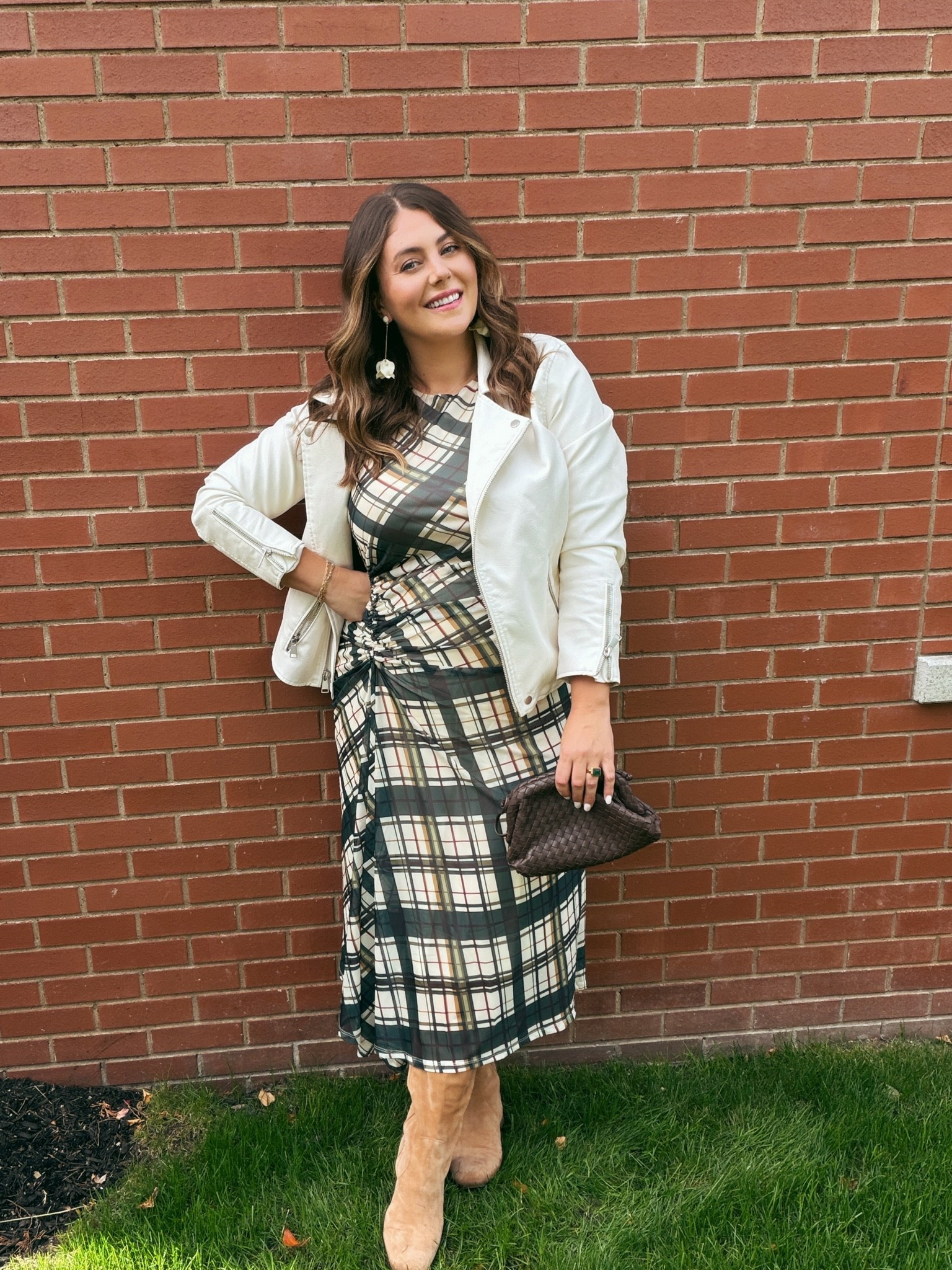 Wearing size 1X in dress - sharing similar dresses & moto jackets. Use CARALYN15 on your first order at Spanx. Baby shower dress, wedding shower dress, date night outfit, plaid dress.