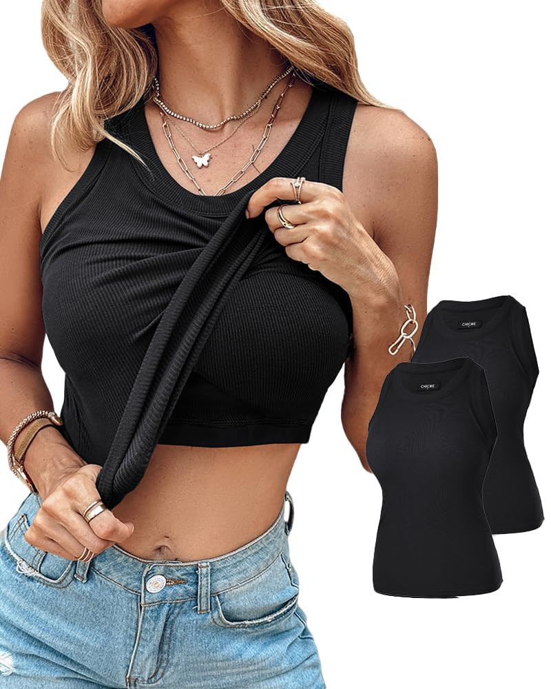 CHICME 2 Piece Tank Tops with Built in Bras Athletic Tank Tops for Women Ribbed Tank Top Fitness ... | Amazon (US)