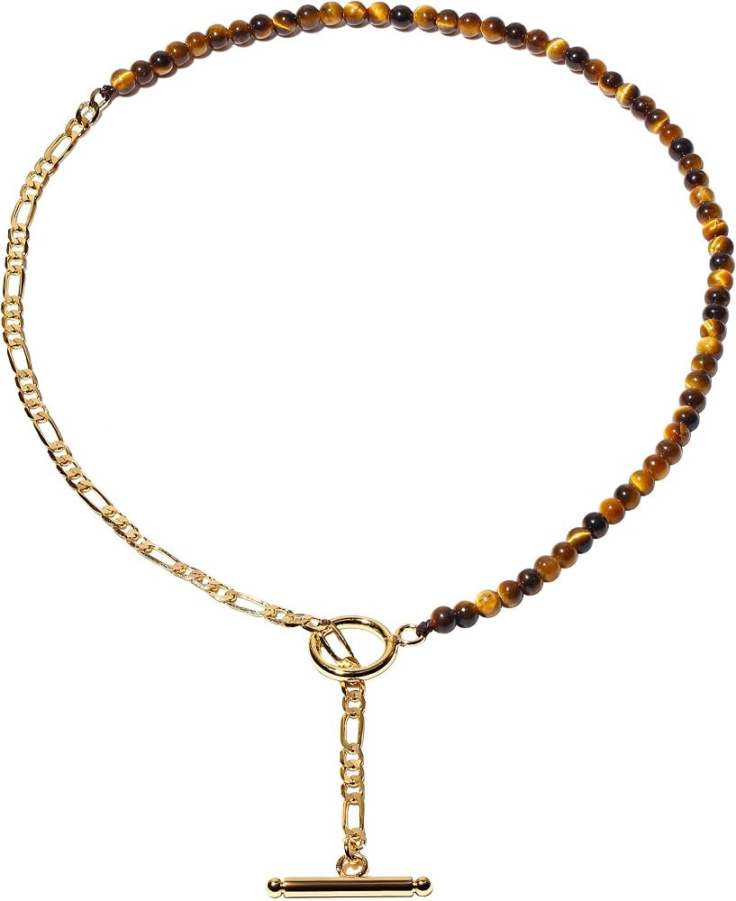 Amazon.com: Lightock Stone 14k Gold Plated Figaro Chain Y-Shaped Necklace, Tiger's Eye | Women's Necklaces, 45 cm Chain Length, T-bar clasp Closure, Handmade, Positive Energy, Simple, Unique Charm, Protection Stone: Clothing, Shoes & Jewelry | Amazon (US)