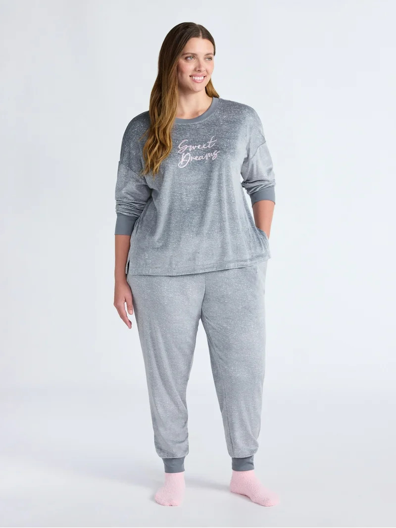 Joyspun Women’s Stretch Velour Long Sleeve Top, Pants, and Socks Pajama Set, 3-Piece, Sizes XS-... | Walmart (US)