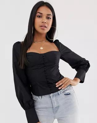 Club L London square neck button through shirt with balloon sleeves in black | ASOS US