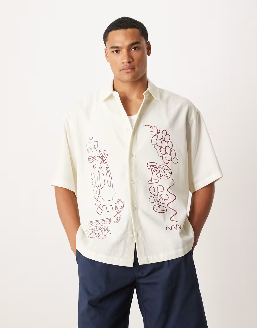 ASOS DESIGN boxy oversized shirt with placement print in beige-Neutral | ASOS (Global)