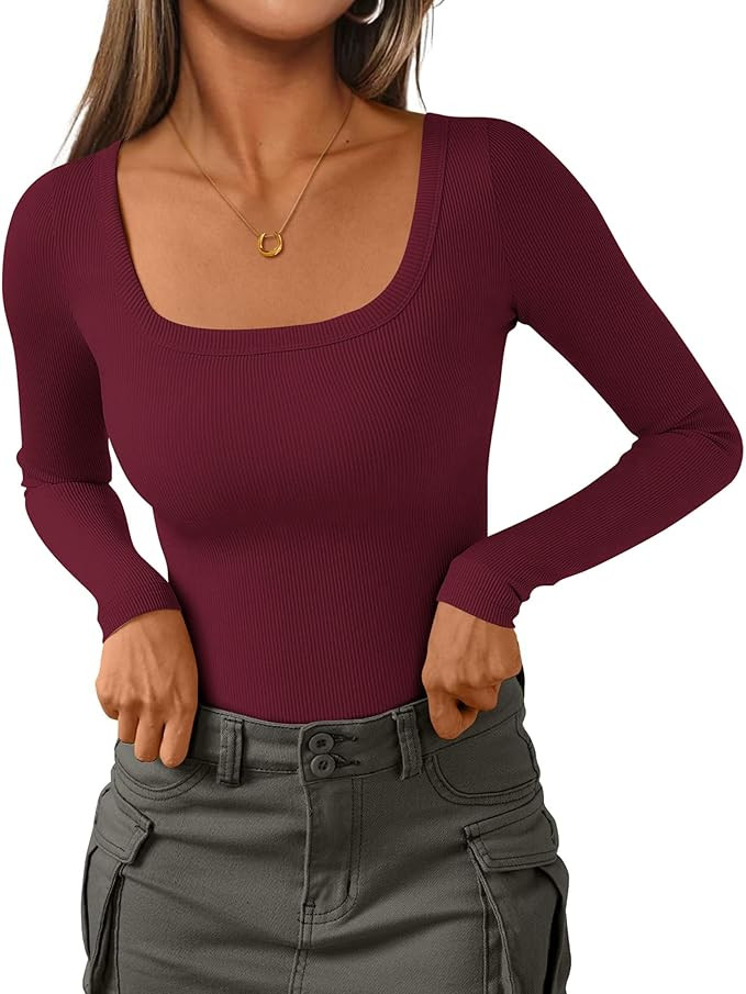 PRETTYGARDEN Long Sleeve Shirts for Women Spring 2026 Ribbed Basic Tees Scoop Neck Trendy Going O... | Amazon (US)