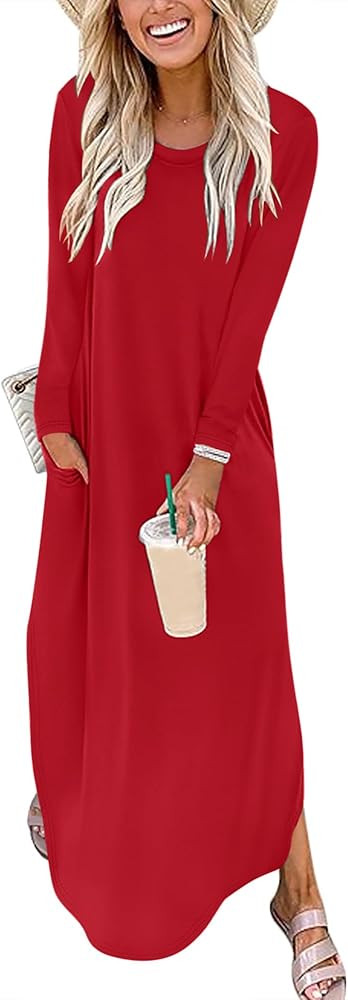 ANRABESS Women's Long Sleeve Maxi Dresses 2025 Fall Outfits Casual Loose Split Travel Vacation T ... | Amazon (US)