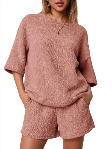 Tankaneo Womens 2 Piece Outfits Lounge Sets 3/4 Sleeve Oversized Tops and Elastic Waist Shorts Pajama Sets Loungewear | Amazon (US)