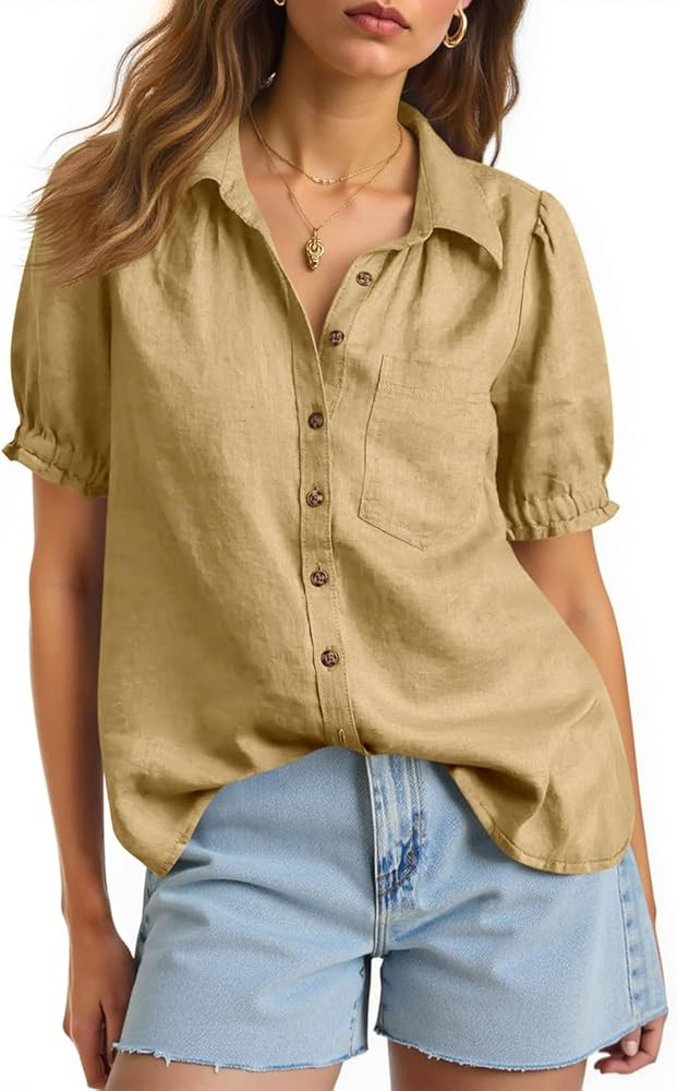 Cicy Bell Womens Puff Short Sleeve Button Down Shirts Summer Casual Collared V Neck Blouse Linen ... | Amazon (US)