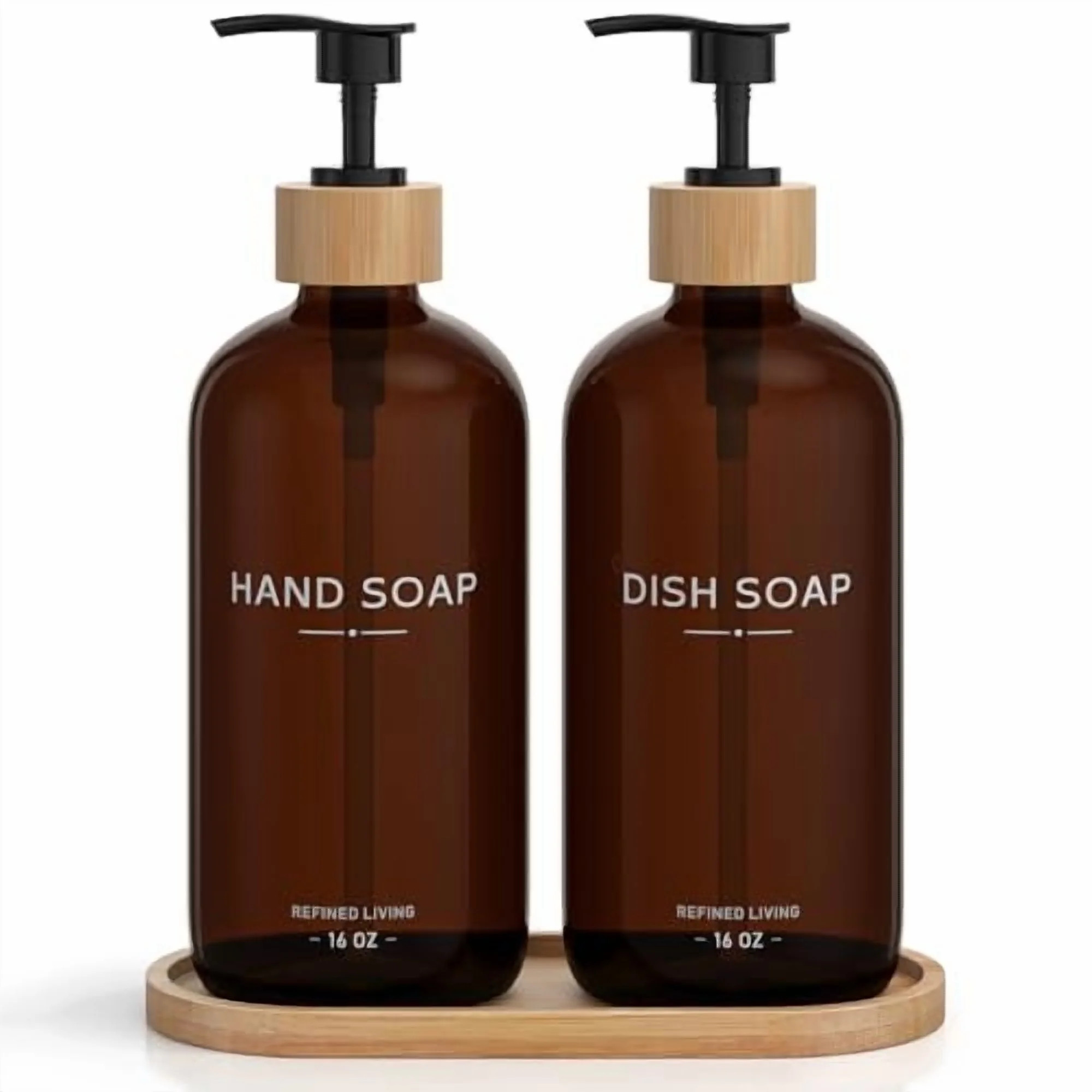 Hand and Dish Soap Dispenser Set,16oz Glass Bottles with Printed Labels, Bamboo Tray & Pump,Count... | Walmart (US)