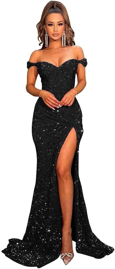 Women's Off Shoulder Mermaid Floor Length High Fork Sequin Prom Dress Formal Evening Dress | Amazon (US)