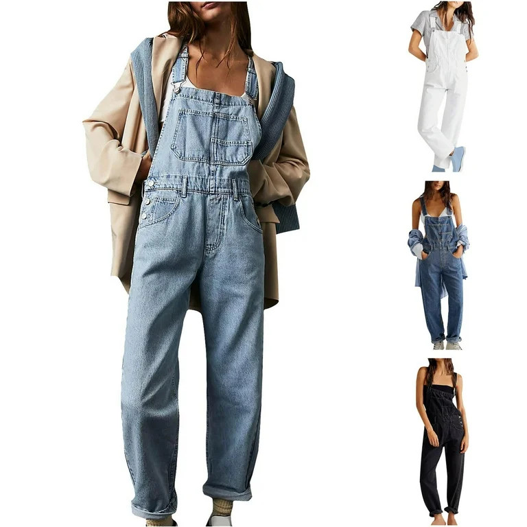 Pxkloy Women's Stretch Denim Bib Overalls,Overalls for Women Loose Fit Vintage Casual Straight Le... | Walmart (US)