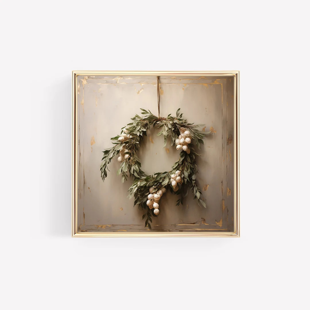 Square Ratio White Berry Christmas Wreath Print Mistletoe Wreath Neutral Digital Print Christmas ... | Etsy (US)