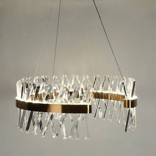 Modern 2-Light Dimmable Integrated LED Plated Brass Drum Chandelier with Glam Crystal Open Ring Pendant for Living Rooms | The Home Depot