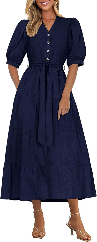 PRETTYGARDEN Women's Midi Dress 2025 Summer Casual Short Sleeve V Neck Buttons Belted Ruffle A Li... | Amazon (US)