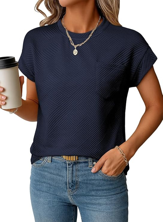 EVALESS Womens Summer Tops Crewneck Cap Sleeve Dressy Casual Business Textured Solid Loose Basic ... | Amazon (US)