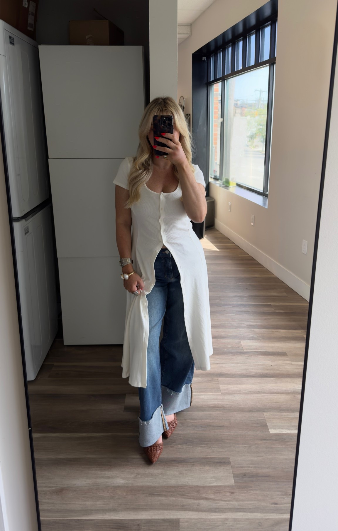 How fun is this button down dress I turned into a top 
Cream dress size XS (runs big) 
Cuffed jeans size 6
Kitten heal slip ons size 7 

#LTKWorkwear #LTKxAerie #LTKootd