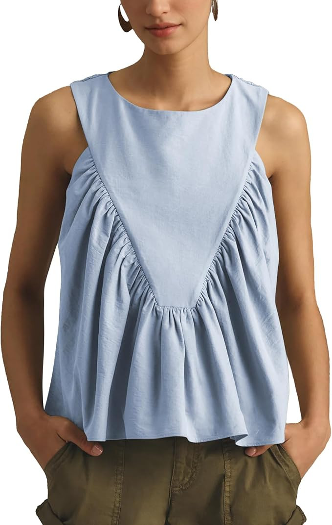 Hixiaohe Shirred Swing Tank Tops for Women Fashion Flowy Sleeveless Shirts Casual Crew Neck Blous... | Amazon (US)