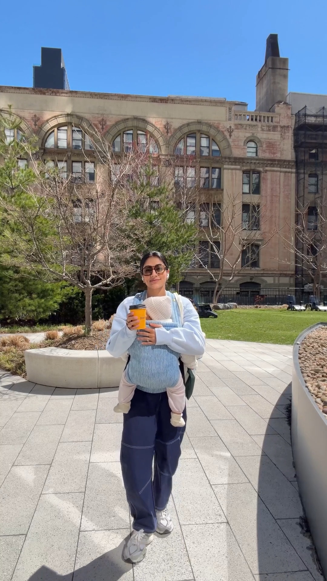 What we wore today for a neighborhood walk and trip to the playground. I love these barrel leg track pants @Aerie I’m wearing a size x-small in my sweatshirt and the pants (both run big)