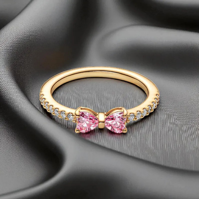 Sparkling Pink Bow Ring, Cute Gold Jewellery, Elegant Dainty Gold Ring, Stylish Minimalist Access... | Etsy (Global)