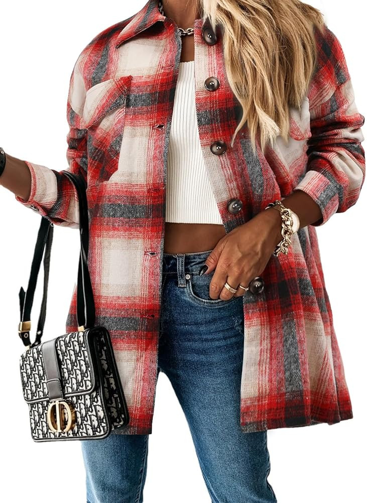 StunShow Women Plaid Shirt Button Down Flannel Shacket Long Sleeve Coat Jacket Tops Trendy 2025 | Amazon (US)