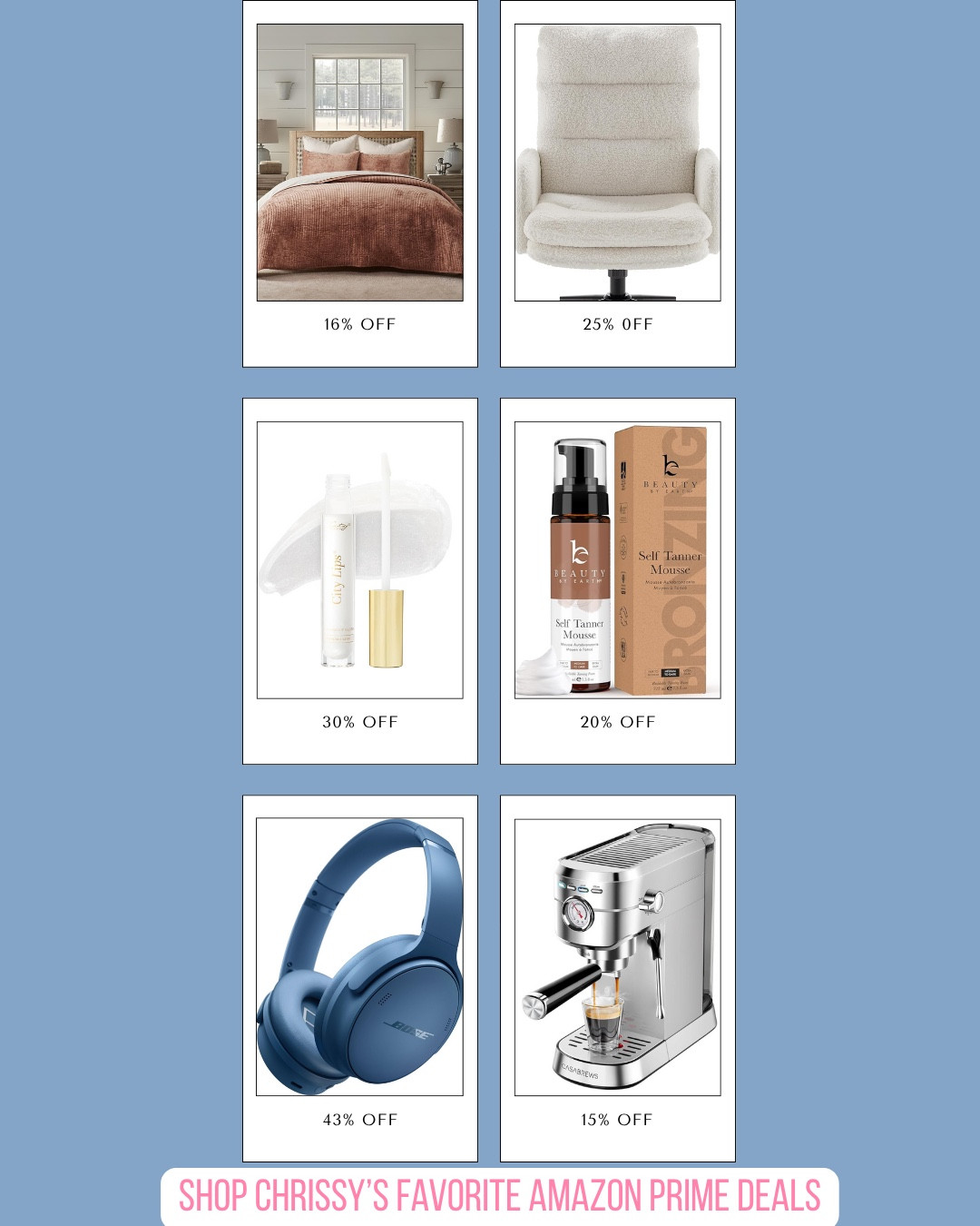 It’s Prime Day now through July 11th and some of my favorite finds are on major sale! 🤩 From cozy home upgrades to beauty must-haves and tech steals, here’s what I’m loving:

🛏️ 16% off this dreamy bedding set
🪑 25% off the comfiest boucle desk chair
💋 30% off the viral City Lips plumper
🌞 20% off my go-to self tanner
🎧 43% off these amazing Bose headphones
☕ 15% off this sleek espresso machine
👚 25% off this striped oversized blouse
🌺 20% off Boho floral maxi dress 
✨ 38% off whitening strips
🪥 40% off AquaSonic electric toothbrush 
🌿 25% off Evereden serum 
🌬️ 30% off ASAKUKI essential oil diffuser

Tap to shop my faves while the deals last! 💕 #AmazonPrimeDay 

#LTKHome #LTKStyleTip #LTKBeauty