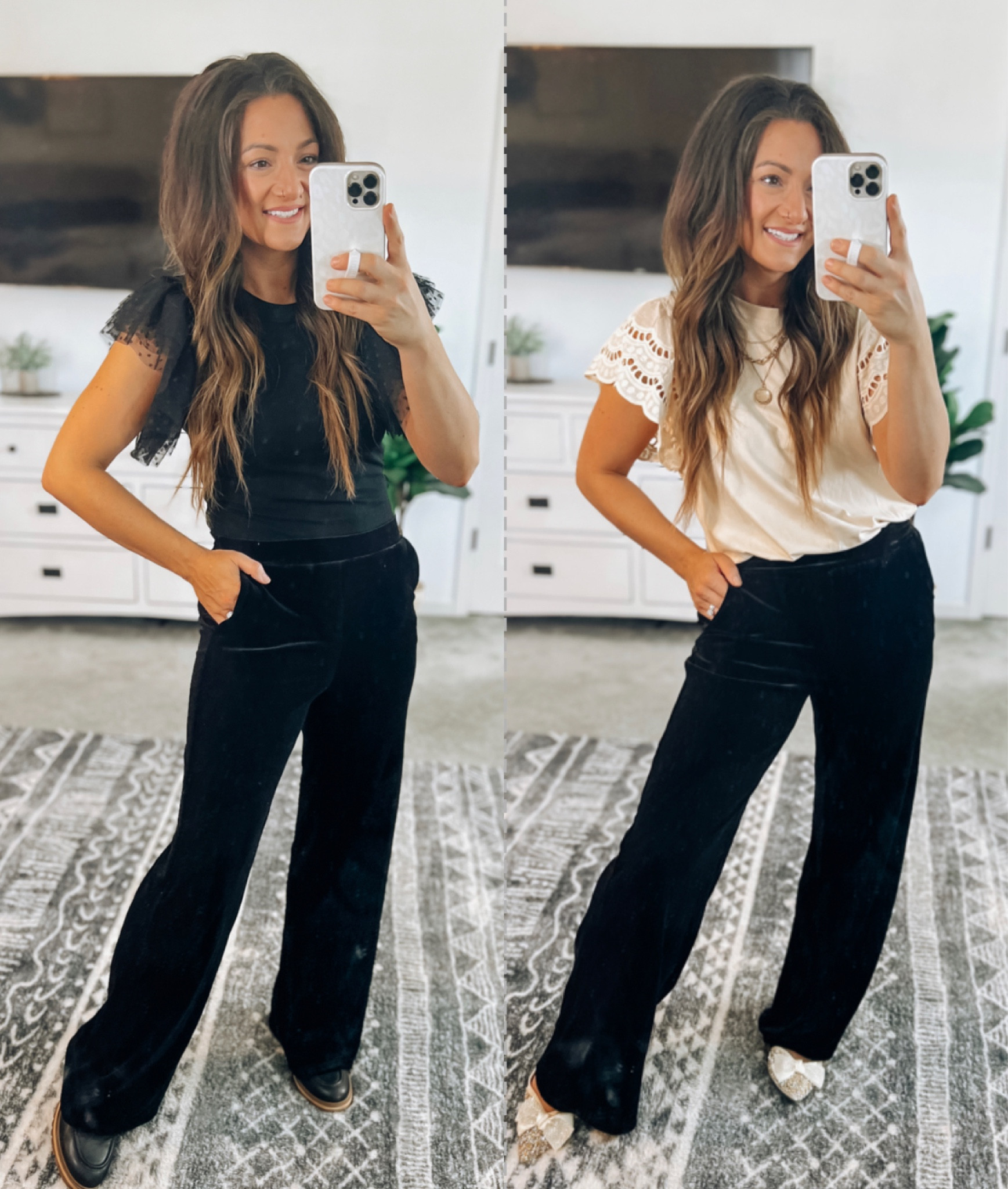 Thanksgiving day outfit | Christmas outfit | holiday outfit
These velvet pants are the perfect option if you want to dress up a little and be way comfy!! I sized down to the xs because of length. Try code AMELIA10 for 10% off the black top! Loafers true to size, but size up one in the flats! 

#LTKstyletip #LTKHoliday #LTKfindsunder50
