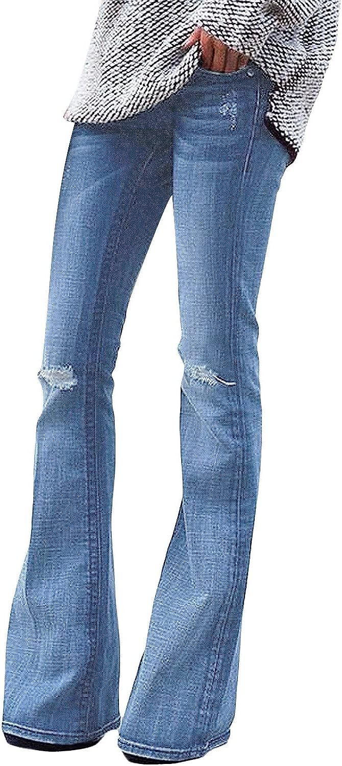 Uqnaivs Women's High Waisted Stretchy Flare Jeans Ripped Bell Bottom Denim Pants | Amazon (US)