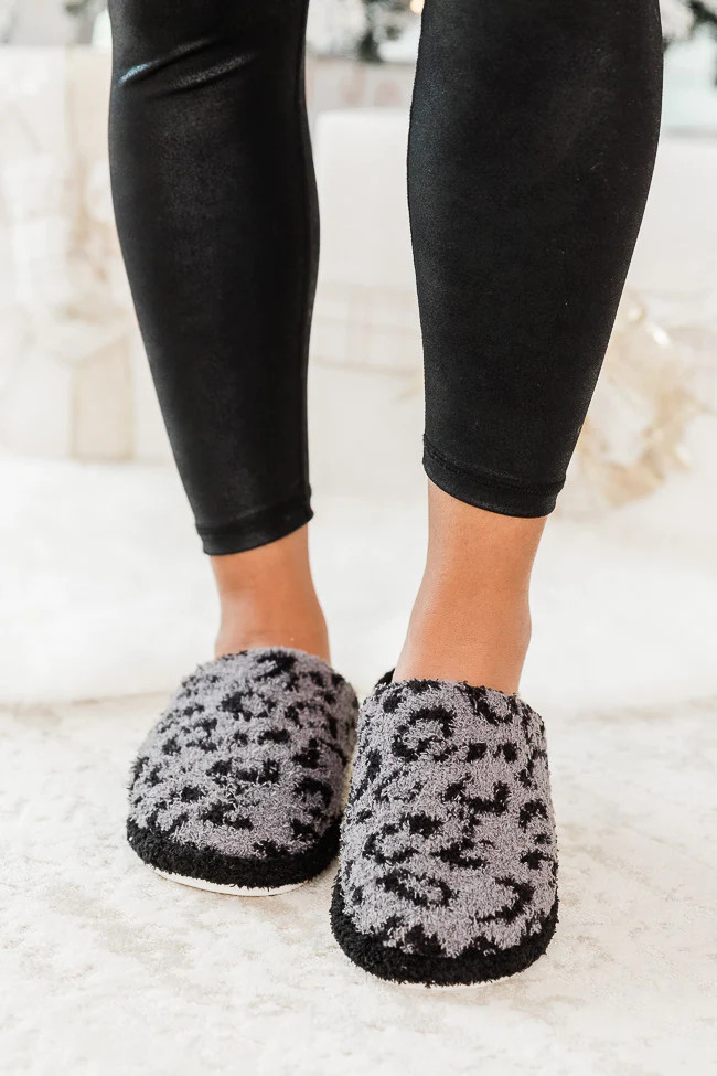 All The Snuggles Dark Grey Leopard Print Slippers | Pink Lily