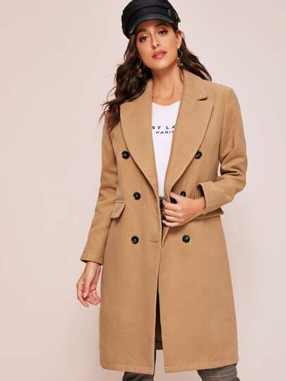 SHEIN Notched Collar Solid Pea Coat | SHEIN