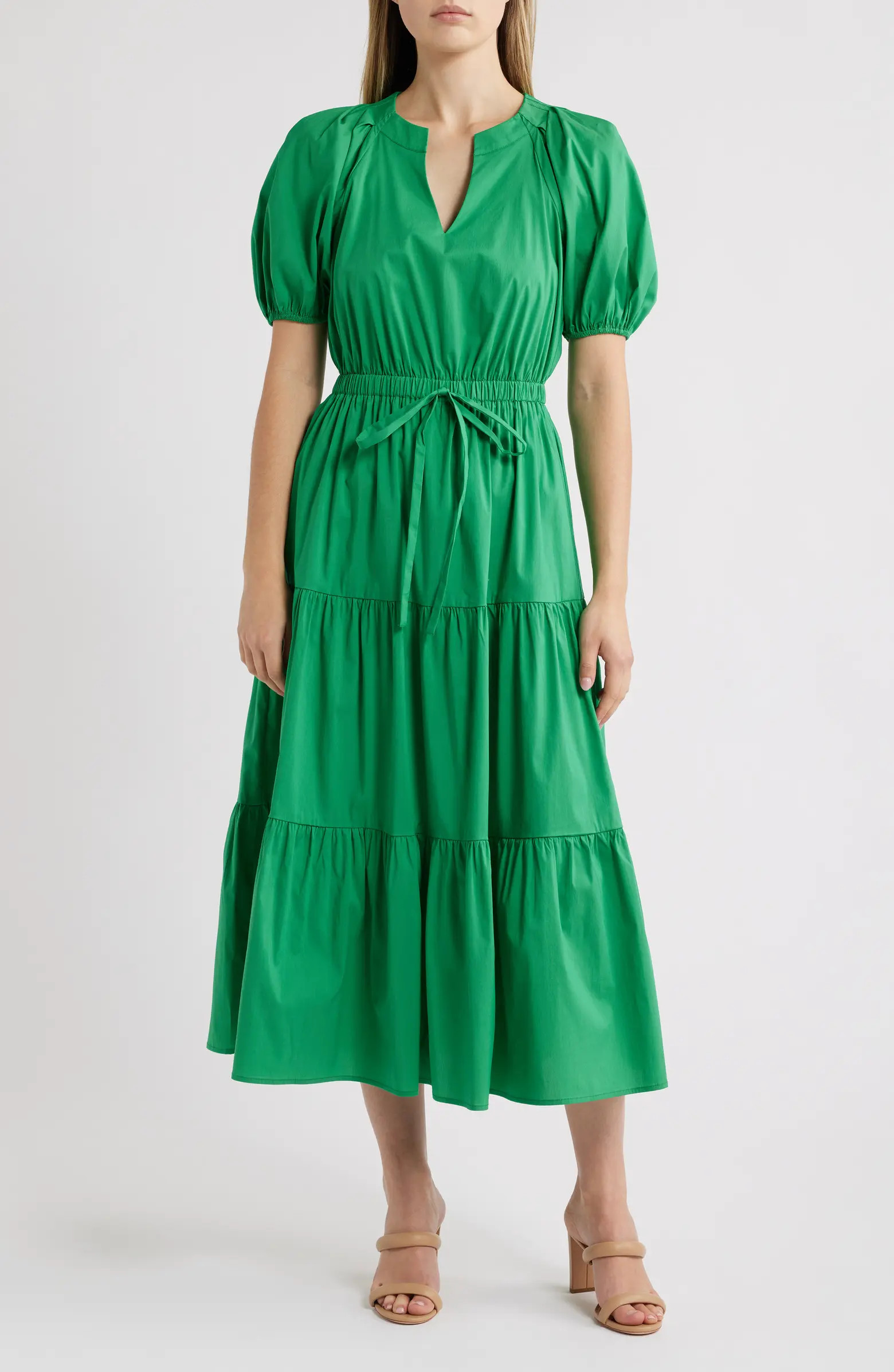 Tiered Puff Sleeve Midi Dress | Nordstrom