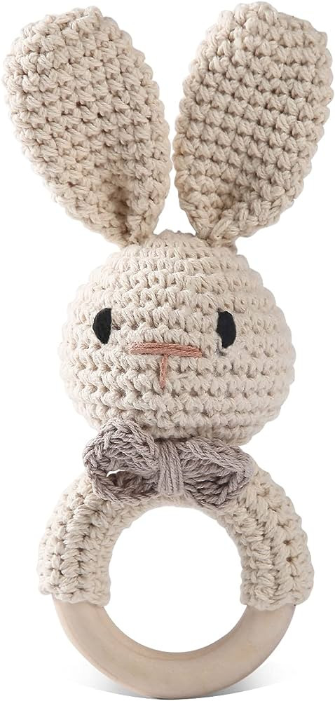 Wooden Baby Rattle Crochet Bunny Baby Toys Handmade Newborn Toy Early Development Grips Stuffed A... | Amazon (US)